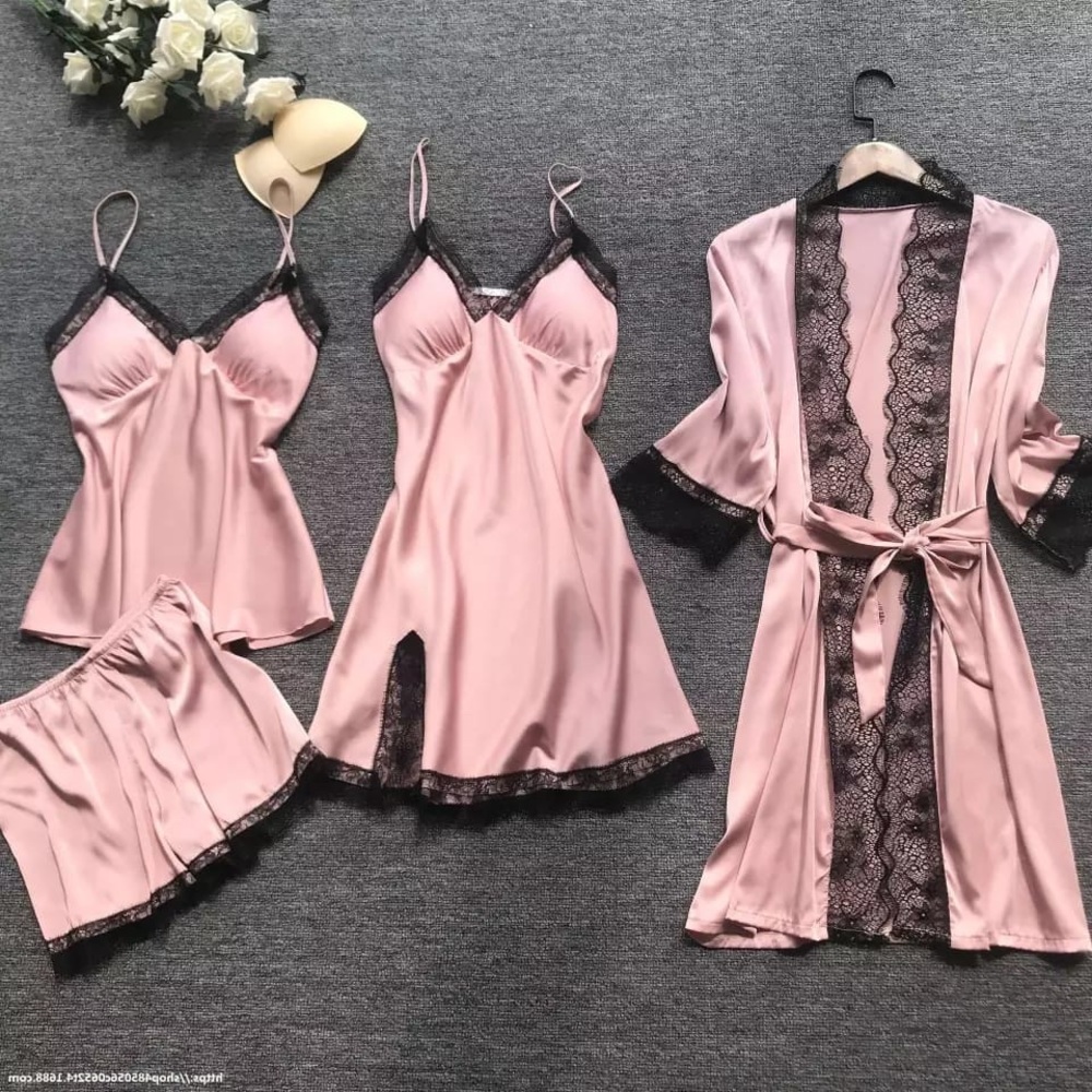 New Pink 4 Pieces Women Pajamas Set Satin Sleepwear Silk Nightwear Spag